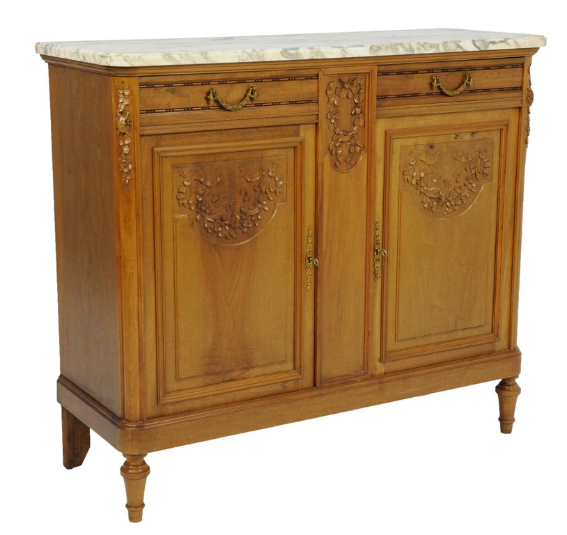 A LOUIS XVI STYLE SIDEBOARD WITH FLOWER: A LOUIS XVI STYLE SIDEBOARD WITH FLOWER Early- Mid 20th Century A Louis XVI style sidebaord with flowers, having a center beribboned and flower festoon at center, a white and black marble top, with tw