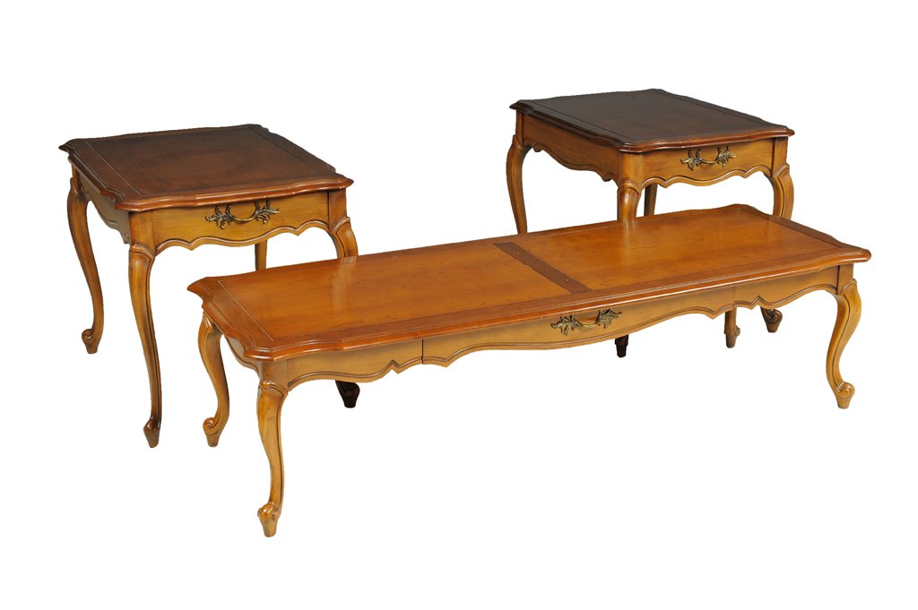 A COLLECTION OF VINTAGE PINE LOUIS XV STYLE TEA AND SID: A COLLECTION OF VINTAGE PINE LOUIS XV STYLE TEA AND SIDE TABLES Mid- Late 20th Century A collection of vintage pine Louis XV style tables includes a long tea table and a pair of side tables, having si