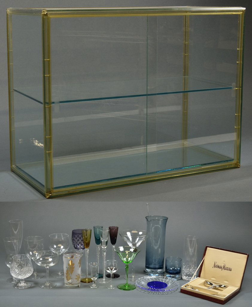 A COLLECTION OF MIXED BARWARE WITH GLASS DISPLAY CASE: A COLLECTION OF MIXED BARWARE WITH GLASS DISPLAY CASE A fine collection of barware including a Neiman Marcus corkscrew and bottle opener set, in box, combined with various types of colored and clear g