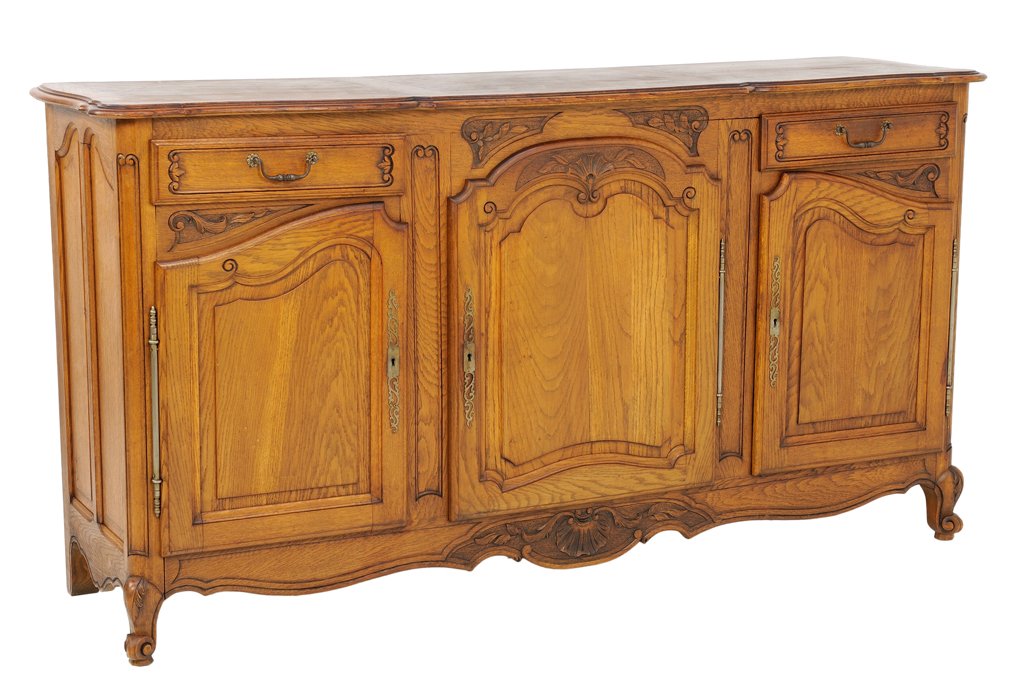 AN ANTIQUE LOUIS XV STYLE BUFFET ENFILADE WITH SHELL: AN ANTIQUE LOUIS XV STYLE BUFFET ENFILADE WITH SHELL Late 19th - Early 20th Century, France An antique Louis XV style enfilade with shaped top, having three panel doors and two drawers with carved she