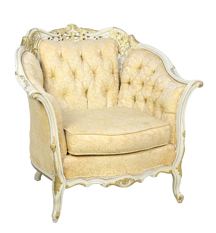 A GILT AND WHITE LOUIS XV STYLE TUFTED WINGBACK SALON C: A GILT AND WHITE LOUIS XV STYLE TUFTED WINGBACK SALON CHAIR 20th Century A gilt and white Louis XV style tufted wingback salon chair features rolled armrests. Very good condition. 34½ x 36 x 34 inche