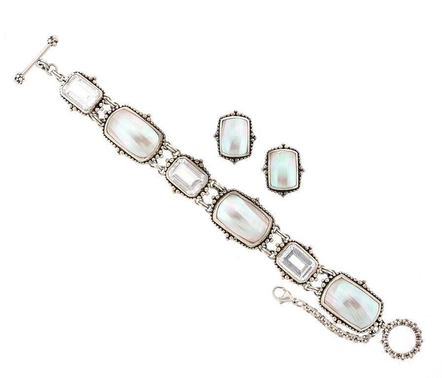 A STEPHEN DWECK STERLING SILVER, MOTHER-OF-PEARL AND: A STEPHEN DWECK STERLING SILVER, MOTHER-OF-PEARL AND ROCK CRYSTAL BRACELET AND EARRINGS SET A Stephen Dweck, bracelet and earrings set with mother-of-pearl and rock crystal, mounted in sterling silver