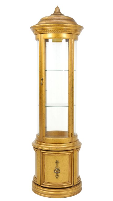 A GOLD FINISH CYLINDRICAL TWO SHELF VITRINE DISPLAY: A GOLD FINISH CYLINDRICAL TWO SHELF VITRINE DISPLAY CABINET 20th Century A cylindrical shaped vitrine having an onion dome top, is glazed on four sides, with a lower cabinet, is wired for lighting. In