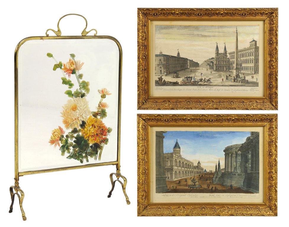A PAIR OF ANTIQUE 16TH CENTURY STYLE HAND COLORED: A PAIR OF ANTIQUE 16TH CENTURY STYLE HAND COLORED ETCHINGS OF OLD ROME AND AN ART NOUVEAU STYLE MIRRORED PAINTED SCREEN Early-Mid 20th Century A pair of antique hand colored etchings of Rome features 