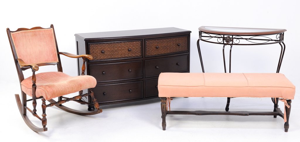A COLLECTION OF VINTAGE FURNITURE INCLUDES VICTORIAN: A COLLECTION OF VINTAGE FURNITURE INCLUDES VICTORIAN ROCKER AND NEOCLASSICAL BENCH Early - Mid 20th Century A collection of vintage furniture includes a Victorian style rocking chair, a Neoclassical s
