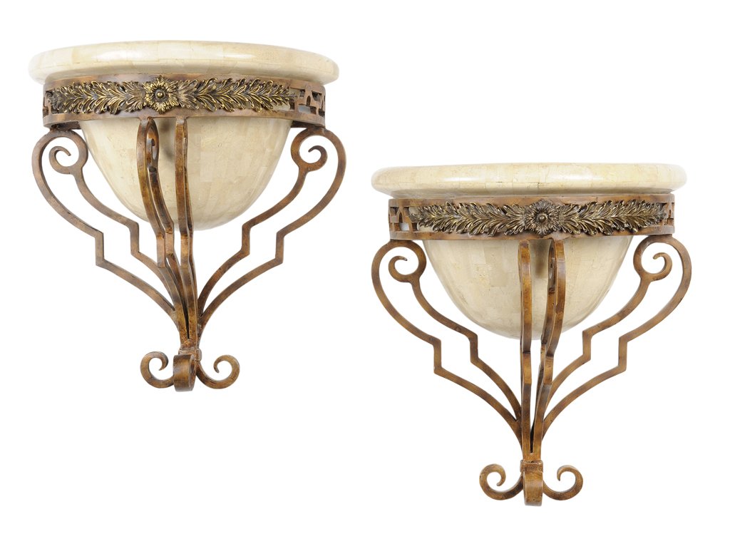 A PAIR OF COMPOSITE STONE NEOCLASSICAL STYLE SCONCES: A PAIR OF COMPOSITE STONE NEOCLASSICAL STYLE SCONCES WITH GARLAND 20th-21st Century A fine pair of composite stone and bronze finish Neoclassical style sconces are in very good condition. Two pieces t