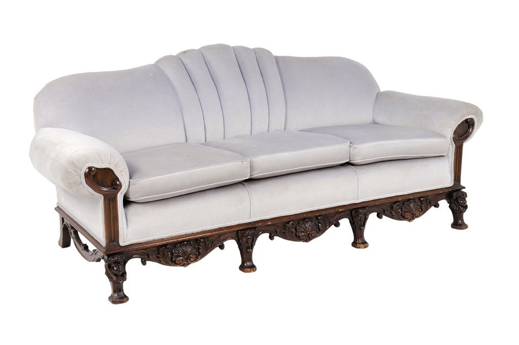 AN ART DECO STYLE CHANNEL BACK GREY CHENILLE: AN ART DECO STYLE CHANNEL BACK GREY CHENILLE UPHOLSTERED SOFA Early-Mid 20th Century An Art Deco style sofa is covered in a light grey chenille features a camel back with channel upholstered fan at ce