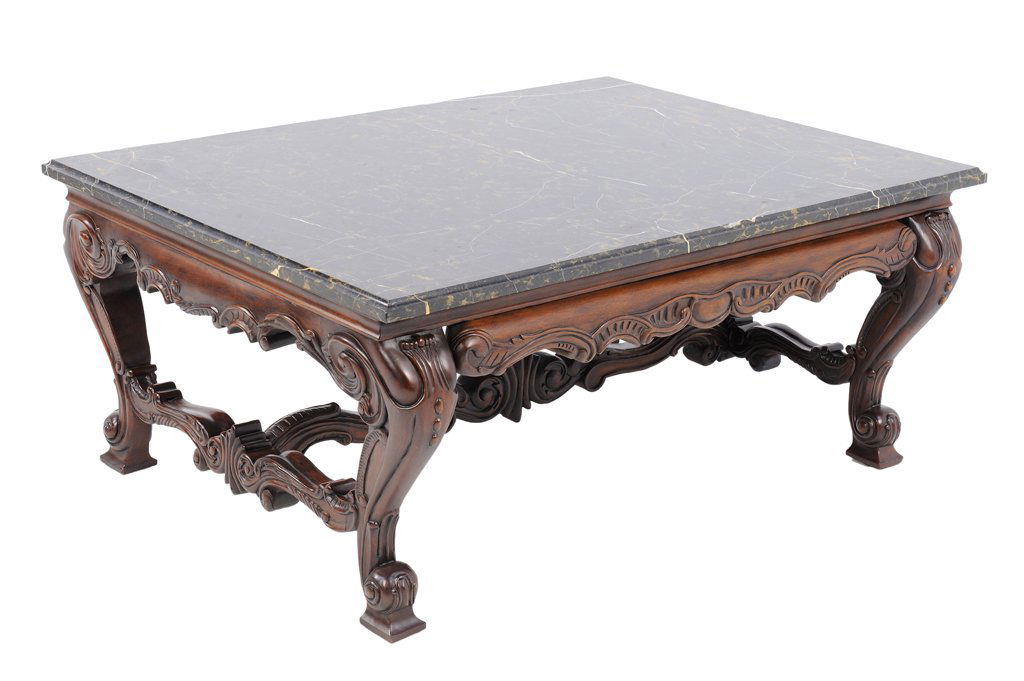 A LOUIS XV STYLE HENREDON BLACK MARBLE TOP COFFEE TABLE: A LOUIS XV STYLE HENREDON BLACK MARBLE TOP COFFEE TABLE Late 20th Century A Louis XV style HENREDON black marble top coffee table with heavily carved acanthus scrolling, having two floating style apro