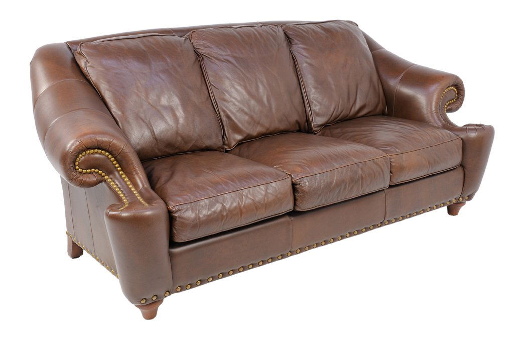 A HENREDON BROWN LEATHER SOFA WITH RIVETS