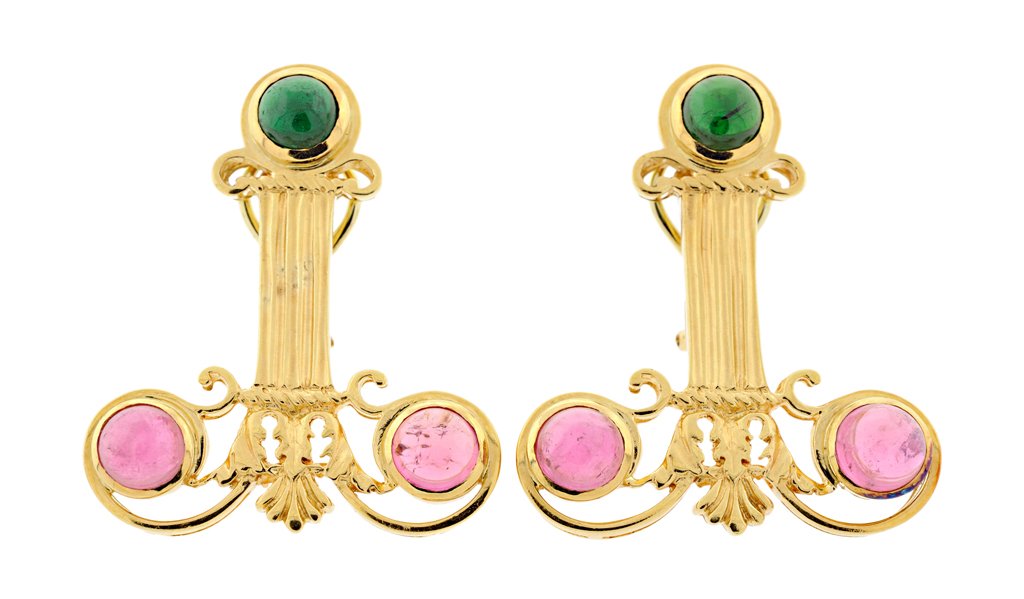 A PAIR OF 18KT YELLOW GOLD ART DECO STYLE EARRINGS Very: A PAIR OF 18KT YELLOW GOLD ART DECO STYLE EARRINGS Each 18kt yellow gold earring designed as an anchor, with three bezel set cabochon tourmalines on each. Features French back and a post. Colored ston