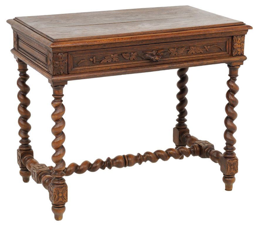 A PETITE OAK LIBRARY SIDE TABLE WITH DRAGON, IVY AND: A PETITE OAK LIBRARY SIDE TABLE WITH DRAGON, IVY AND BARLEY TWISTS Early 20th Century A petite side table with a bullnose stepped edge, a carved ivy drawer with carved lion's face drawer pull, having