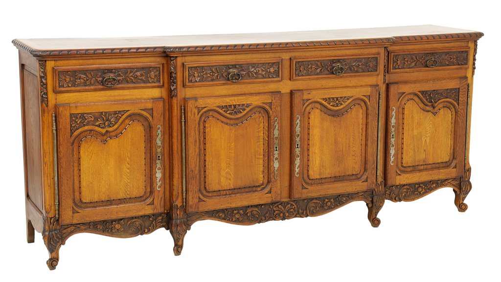 A LOUIS XV NORMAN STYLE ENFILADE WITH A BASKETWEAVE: A LOUIS XV NORMAN STYLE ENFILADE WITH A BASKETWEAVE PARQUETRY TOP Mid - Late 20th Century, France A French Normandy style enfilade with a basketweave parquetry top, carved gadroon edge, a stepped cent