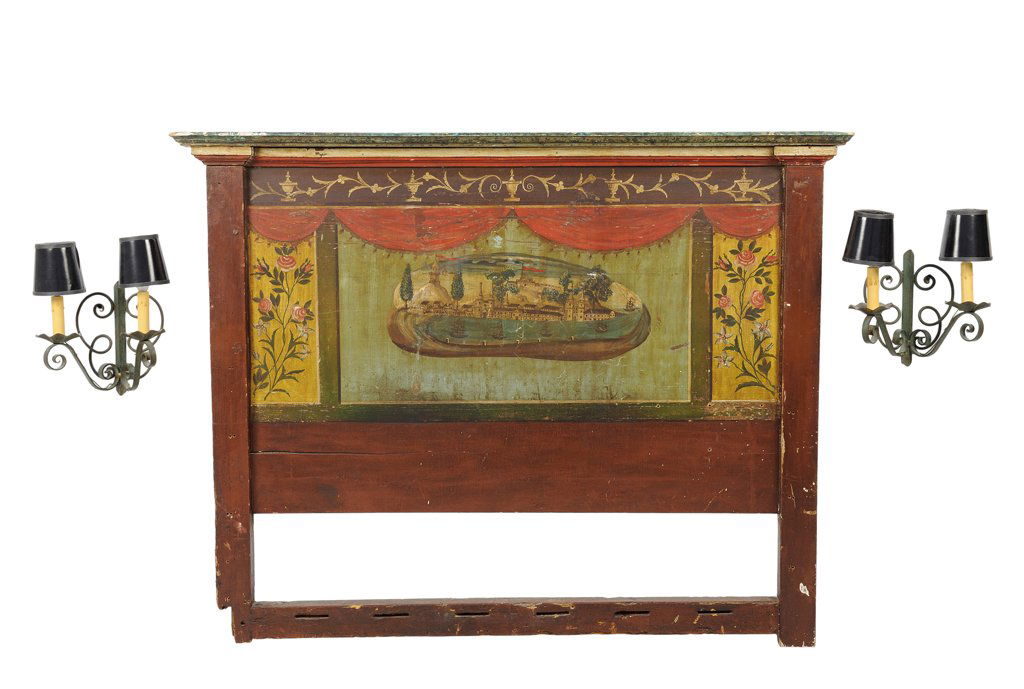 A HAND PAINTED VENETIAN STYLE HEADBOARD AND A PAIR OF: A HAND PAINTED VENETIAN STYLE HEADBOARD AND A PAIR OF SCONCES 20th Century A rectilinear hand painted headboard featuring a painted water scene surrounded by floral and foliate and a pair of electrifi