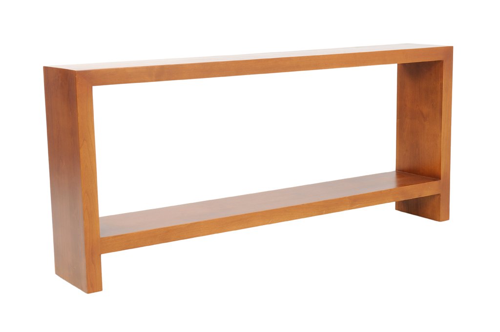 A MINIMALIST CHERRY WOOD FINISH CONSOLE TABLE: A MINIMALIST CHERRY WOOD FINISH CONSOLE TABLE 20th Century A minimalist blond wood console is rectilinear and sleek by design. In very good condition. 34½ x 72 x 12 inches