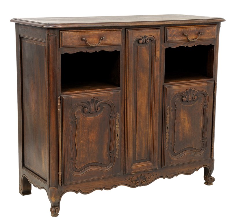 A PETITE LOUIS XV STYLE BUFFET CUPBOARD: A PETITE LOUIS XV STYLE BUFFET CUPBOARD Late 19th - Early 20th Century An antique cupboard features scroll form carvings, open shelving, a scalloped apron on cabriole feet, with two drawers and two ca