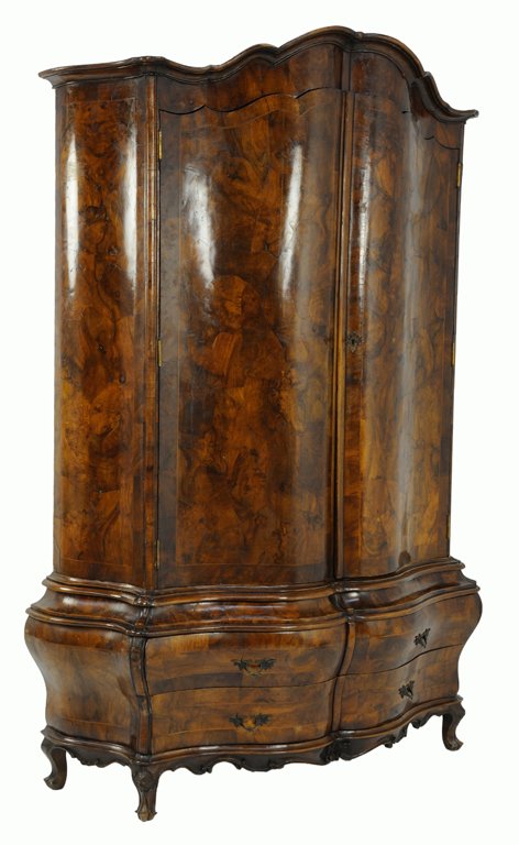 AN ITALIAN ROCOCO STYLE SERPENTINE FRONT PARQUETRY: AN ITALIAN ROCOCO STYLE SERPENTINE FRONT PARQUETRY BOMBÉ ARMOIRE Mid 20th Century An Italian Rococo style armoire features a serpentine shaped bombe front, with a scalloped cornice and patchwork styl