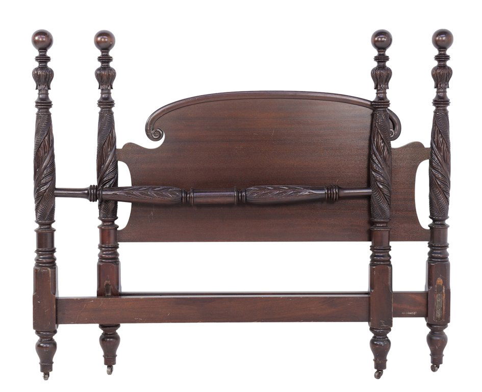 A MAHOGANY PLANTATION STYLE POSTER BED WITH CARVED: A MAHOGANY PLANTATION STYLE POSTER BED WITH CARVED ACANTHUS Early-Mid 20th Century A mahogany plantation style poster bed features a shaped headboard, flanked by posts with round ball finials at top,