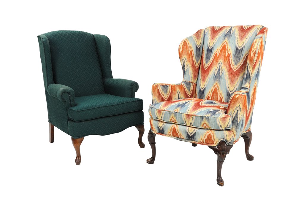 A SET OF QUEEN ANNE STYLE UPHOLSTERED WINGBACK: A SET OF QUEEN ANNE STYLE UPHOLSTERED WINGBACK ARMCHAIRS 20th Century A lot of wingback armchairs includes a dark green covered chair and a flame pattern with blue and red chair, both raised on cabrio