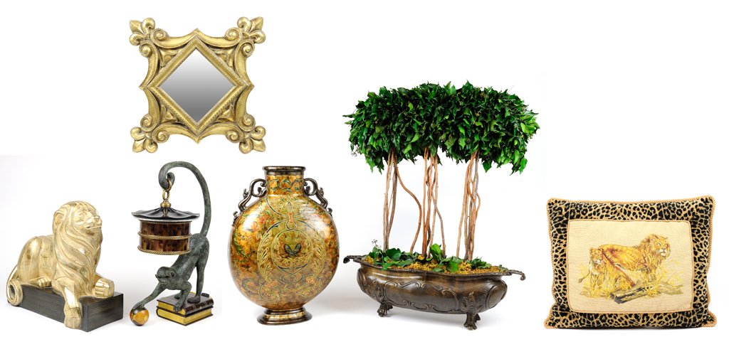 A SAFARI CHIC URBAN JUNGLE DECOR COLLECTION: A SAFARI CHIC URBAN JUNGLE DECOR COLLECTION 21st Century A safari chic urban jungle collection includes a large gilt painted lion, a lion embroidered pillow, a potted grotto of three trees, a Chinoise