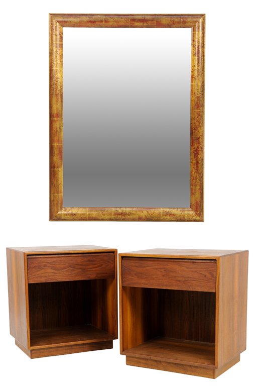 A CONTEMPORARY GILT PAINTED MIRROR AND A PAIR OF LAMP: A CONTEMPORARY GILT PAINTED MIRROR AND A PAIR OF LAMP TABLES 20th Century A contemporary collection includes a gilt and red painted mirror and a pair of minimalist lamp tables. In very good condition.