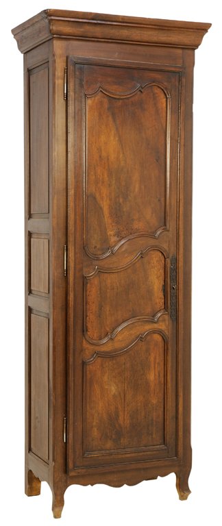 A FRENCH WALNUT FINISH SINGLE DOOR BONNETIERE ARMOIRE: A FRENCH WALNUT FINISH SINGLE DOOR BONNETIERE ARMOIRE Early-Mid 20th Century A French single door bonnetiere armoire with a stepped cornice features a single door with antique long hinges, having kidn