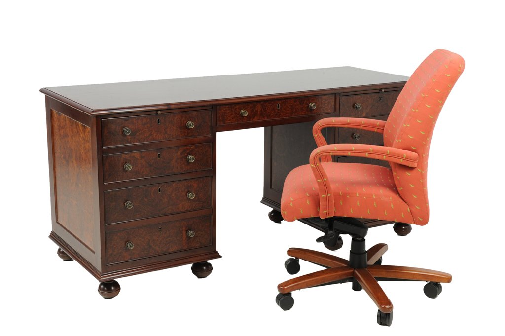 AN EXECUTIVE BURLED MAHOGANY FINISH DESK COLLECTION: AN EXECUTIVE BURLED MAHOGANY FINISH DESK COLLECTION 20th Century An executive burled mahogany finish desk collection features a bullnose edge, having nine drawer storage, with burled wood details, is 