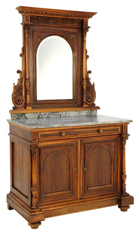 A HENRI II STYLE WALNUT VANITY: A HENRI II STYLE WALNUT VANITY Early 20th Century A Neoclassical style arched mirror with turned and carved uprights is supported by a lower body with marble top housing a top drawer and locking botto
