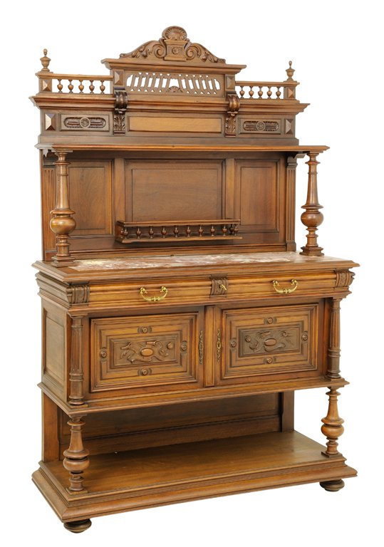 A FRENCH VICTORIAN STYLE SIDEBOARD WITH MARBLE TOP: A FRENCH VICTORIAN STYLE SIDEBOARD WITH MARBLE TOP Early-Mid 20th Century A French Victorian style sideboard with a shell carved cornice above a pierced finial and ""S"" scroll frieze gallery, feature