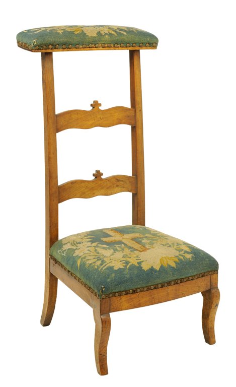 AN ANTIQUE FRENCH PROVINCIAL LADDER BACK PRAYER CHAIR: AN ANTIQUE FRENCH PROVINCIAL LADDER BACK PRAYER CHAIR Early 20th Century An antique French Provincial ladder back prayer chair features hand stitched embroidery fabric with nail head trim, a double la