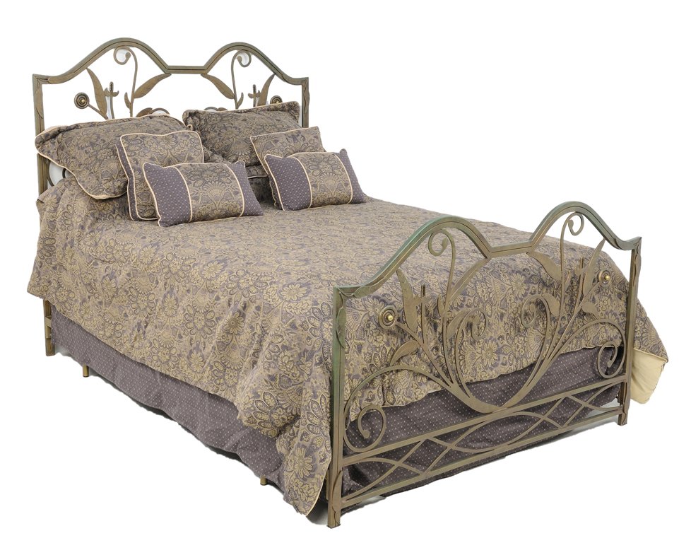 A SCROLL FORM METAL BED WITH FLOWERS: A SCROLL FORM METAL BED WITH FLOWERS 20th Century A metal bed with a double camel back crest rail, having scrolling foliate and flowers throughout. Bedding included. In very good condition. 59 x 83 in