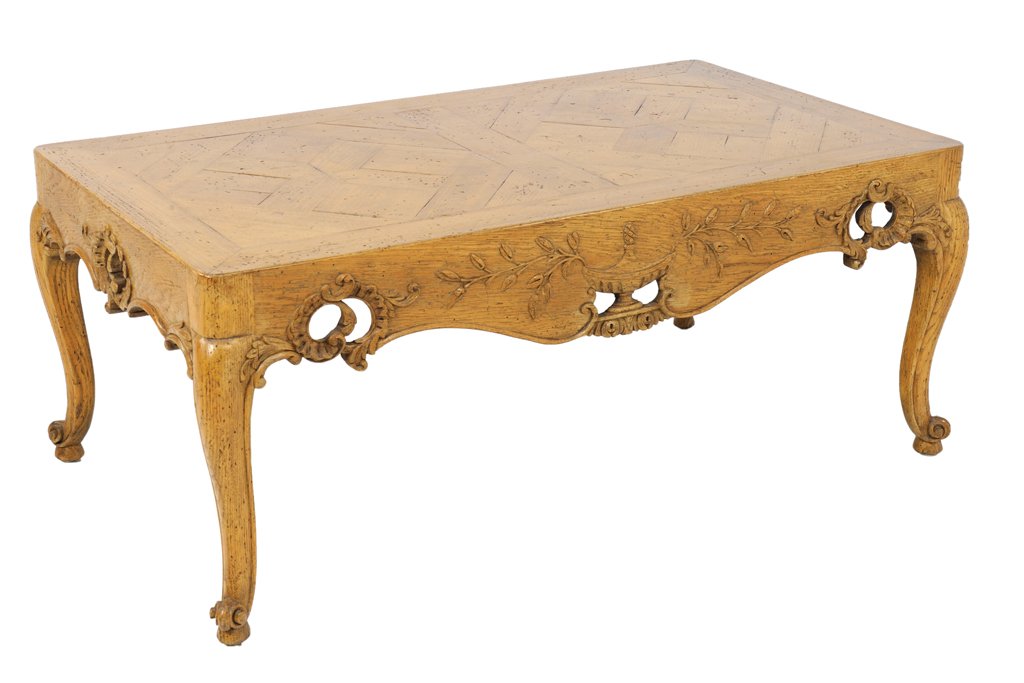 A PROVINCIAL LOUIS XV STYLE SOFA TABLE WITH A BASKET: A PROVINCIAL LOUIS XV STYLE SOFA TABLE WITH A BASKET WEAVE TOP Mid-Late 20th Century A provincial Louis XV style sofa table features a basketweave top, a carved and conforming serpentine apron is pier