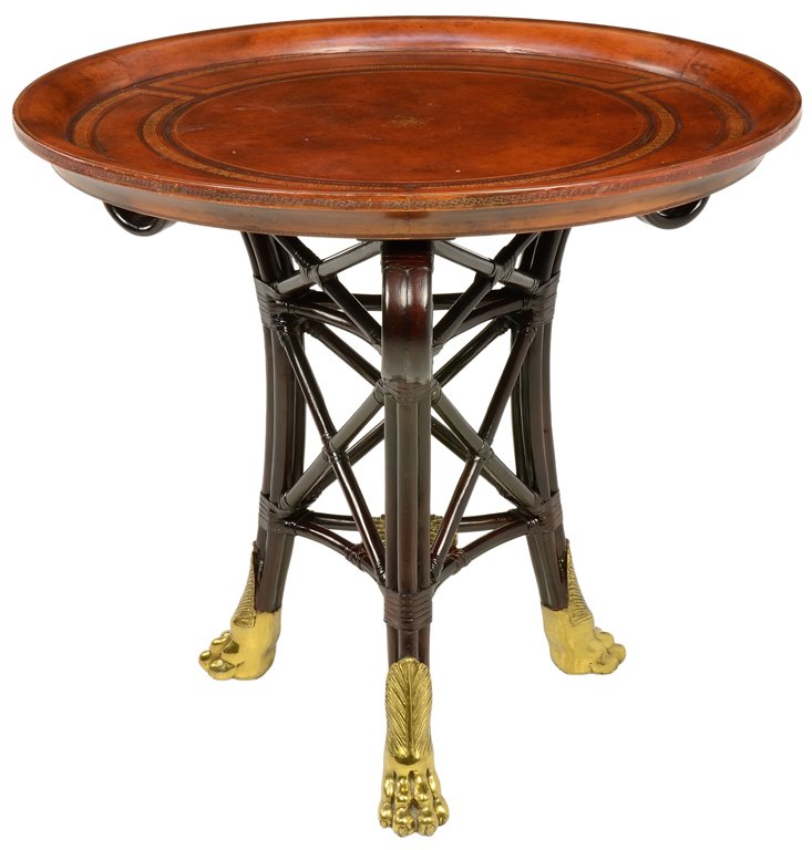 A "MAITLAND SMITH" ROUND TABLE WITH GILT TONE LIONS PAW: A ""MAITLAND SMITH"" ROUND TABLE WITH GILT TONE LIONS PAW FEET 20th Century In very good conditon. 28¾ x 32 x 32 inches