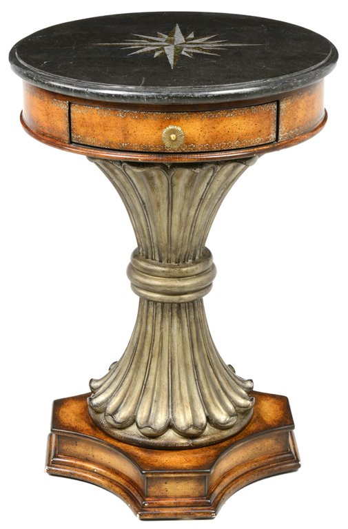 A COMPASS PARQUETRY INLAID TABLE WITH BLACK MARBLE TOP: A COMPASS PARQUETRY INLAID TABLE WITH BLACK MARBLE TOP 20th Century Minor wear to finish at base. Overall very good condition. 28¼ x 20 x 20 inches