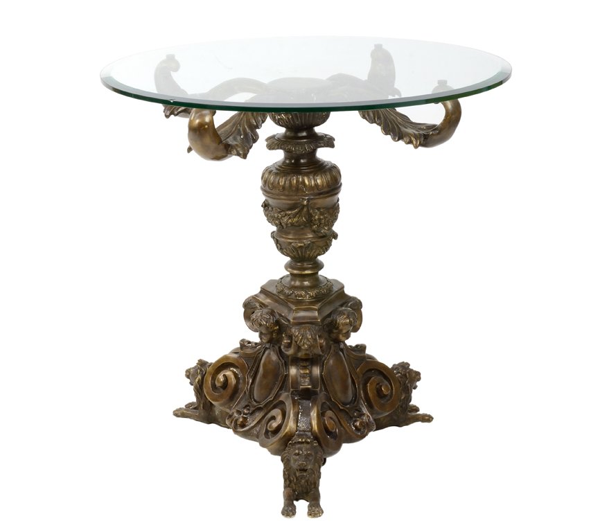 AN ITALIAN BAROQUE STYLE BRONZE FINISH PEDESTAL TABLE: AN ITALIAN BAROQUE STYLE BRONZE FINISH PEDESTAL TABLE WITH GLASS TOP 20th Century Chip detected to glass top. Overall in very good condition. 33 x 32 x 32 inches