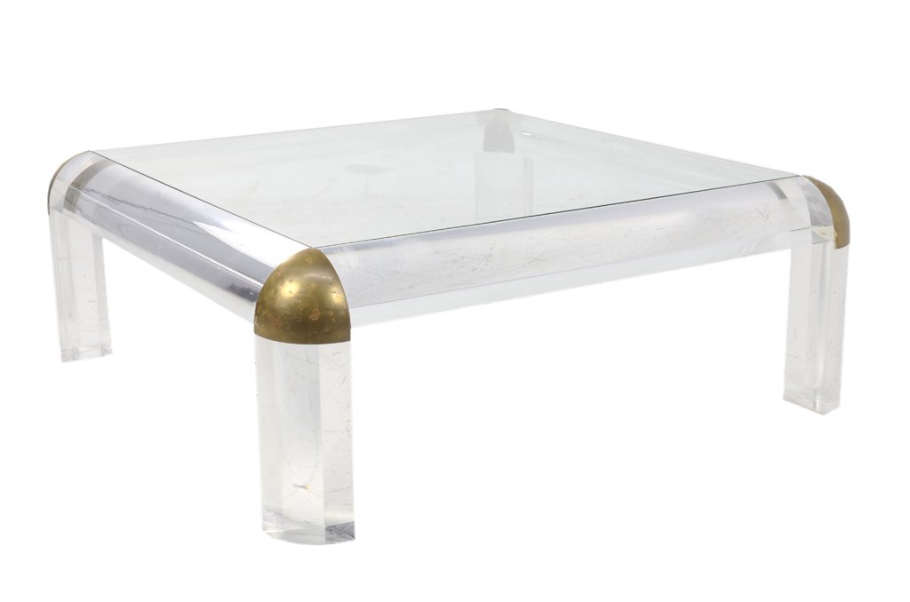 A VINTAGE SQUARE ACRYLIC COFFEE TABLE WITH GLASS TOP