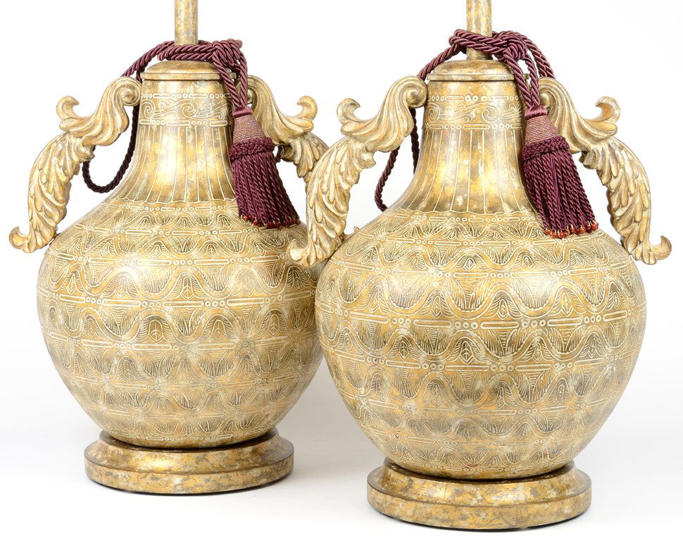 A PAIR OF LARGE AMPHORA VASE LAMPS WITH FLUTED SHADES: A PAIR OF LARGE AMPHORA VASE LAMPS WITH FLUTED SHADES 20th Century In very good condition. 39 x 19½ x 16 inches