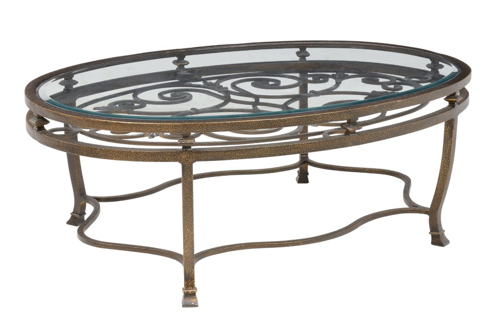 A GLASS TOP AND SERPENTINE BASE SOFA TABLE IN A WROUGHT: A GLASS TOP AND SERPENTINE BASE SOFA TABLE IN A WROUGHT IRON FINISH 20th Century Very good condition. 17½ x 49 x 35 inches