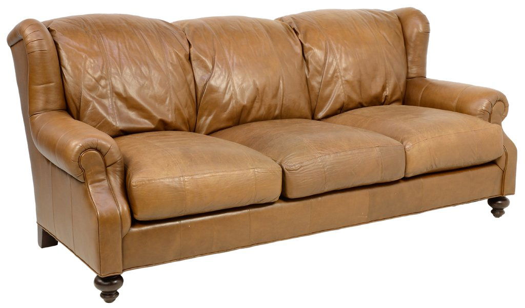 A "HENREDON" LEATHER WINGBACK SOFA FOR THREE