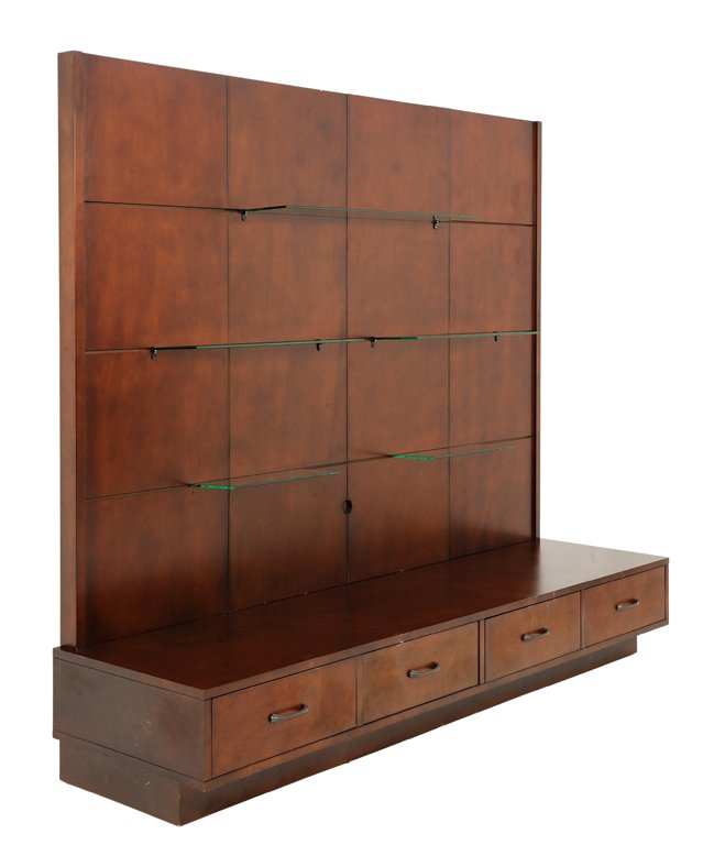 A MAHOGANY FINISH ZEN STYLE MEDIA CONSOLE WITH GLASS: A MAHOGANY FINISH ZEN STYLE MEDIA CONSOLE WITH GLASS SHELVING 20th- 21st Century A modern media console with a large wall back having adjustable glass shelving with lower extending top having four dra