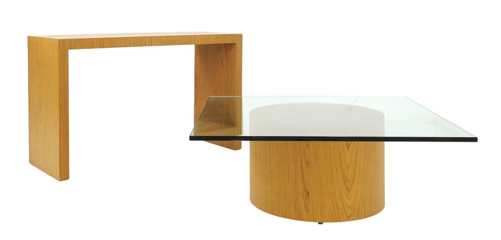 A MINIMALIST CONSOLE AND TABLE ROOM COLLECTION: A MINIMALIST CONSOLE AND TABLE ROOM COLLECTION 20th Century A modern minimalist collection includes a round glass top with a blond wood base sofa table and sleek console in blond wood. In very good co