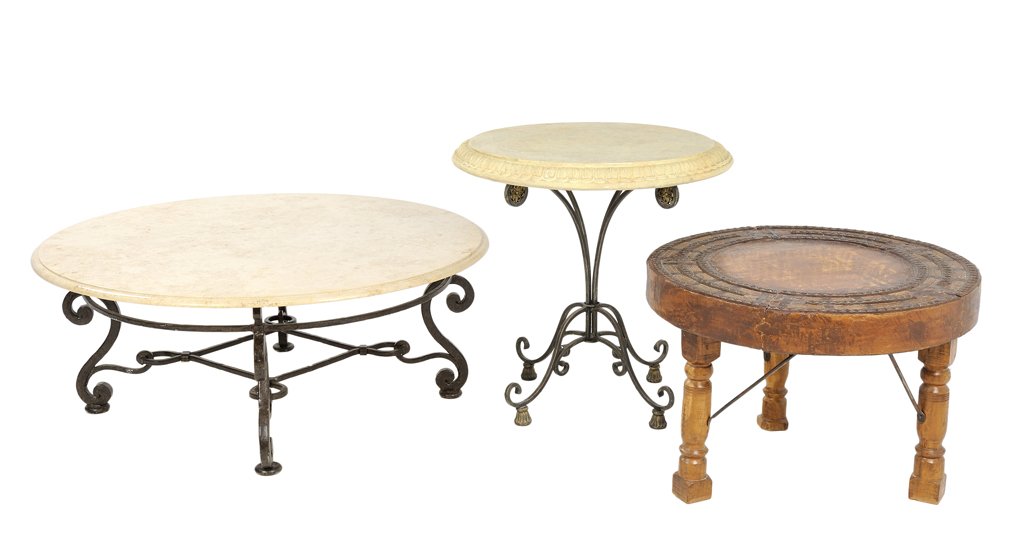 A GROUP OF THREE FRENCH EMPIRE STYLE ROUND SIDE TABLES: A GROUP OF THREE FRENCH EMPIRE STYLE ROUND SIDE TABLES 20th Century A group includes three tables, the first a rustic carved medallion table, a stone top with metal scrollwork base sofa table, and cr�