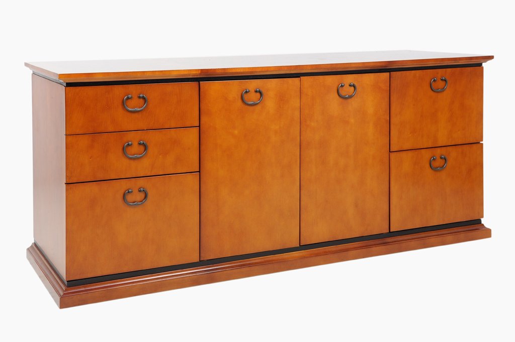 A MODERN REGENCY STYLE OFFICE CREDENZA WITH FILE: A MODERN REGENCY STYLE OFFICE CREDENZA WITH FILE ACCOMODATION 20th-21st Century A modern Regency style office credeza with flame wood finish features five drawers and two central panel cabinets with l