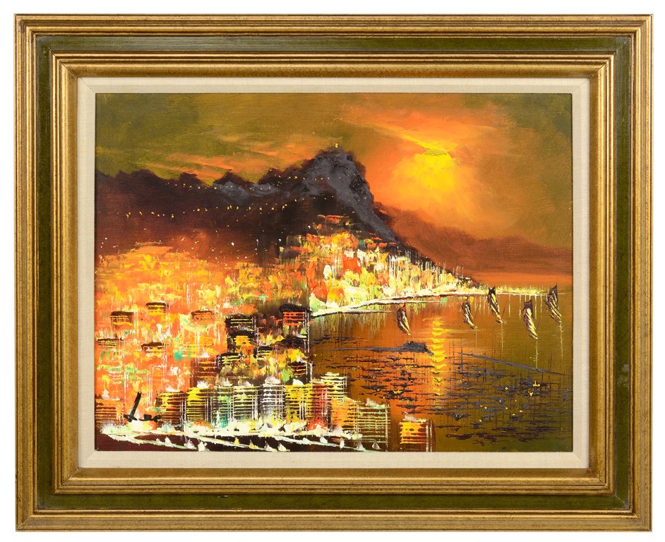 AN ASIAN SUNSET SEA SIDE CITY SCAPE OIL ON CANVAS: AN ASIAN SUNSET SEA SIDE CITY SCAPE OIL ON CANVAS SIGNED BY LEE Mid 20th century. In very good condition. 18 x 24 inches