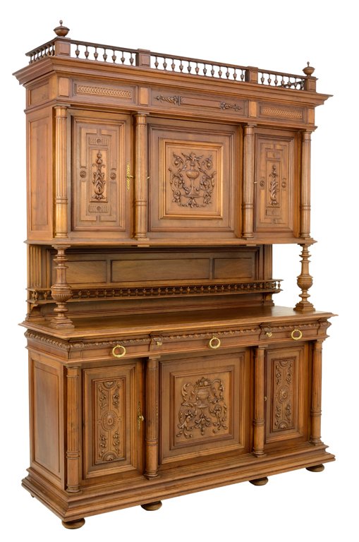 A FRENCH VICTORIAN STYLE SIX DOOR WALNUT FINISH BUFFET: A FRENCH VICTORIAN STYLE SIX DOOR WALNUT FINISH BUFFET WITH URNS AND FRUIT Early-Mid 20th Century In very good condition. 94½ x 71 x 23½ inches