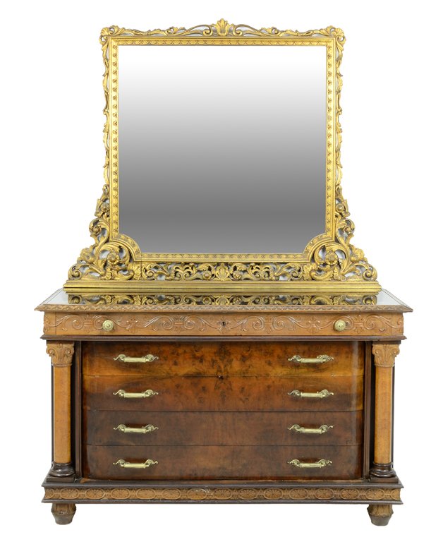 A MEDA ITALIAN EMPIRE REVIVAL STYLE COMMODE AND MIRROR: A MEDA ITALIAN EMPIRE REVIVAL STYLE COMMODE AND MIRROR Early-Mid 20th Century Minor wear detected. Overall in very good condition. 80½ x 57½ x 23¼ inches