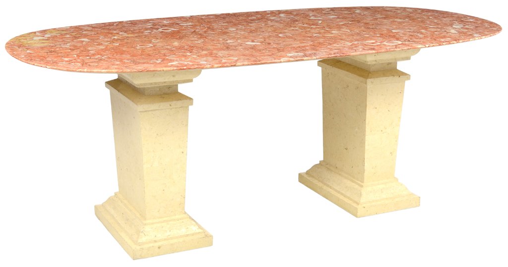 AN ITALIAN NEOCLASSICAL TABLE WITH TRAVERTINE ENCRUSTED: AN ITALIAN NEOCLASSICAL TABLE WITH TRAVERTINE ENCRUSTED UPRIGHTS AND A PINK HARDSTONE AND ONYX TOP Mid 20th Century In very good condition. 30 x 79 x 38¾ inches