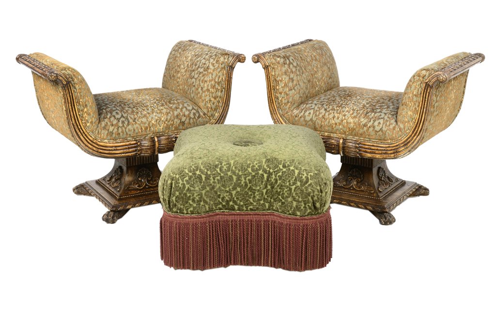 A PAIR OF REGENCY STYLE SLEIGH BENCHES AND A SAGE GREEN: A PAIR OF REGENCY STYLE SLEIGH BENCHES AND A SAGE GREEN OTTOMAN WITH BULLION FINGE 20th-21st Century In very good condition. 27½ x 36 x 21½ inches