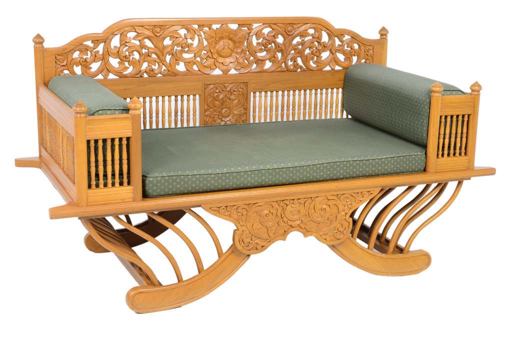 A CARVED LOTUS PACIFIC ASIAN STYLE SETTEE WITH CUSHIONS: A CARVED LOTUS PACIFIC ASIAN STYLE SETTEE WITH CUSHIONS 20th Century In very good condition. 35¼ x 65 x 28 inches