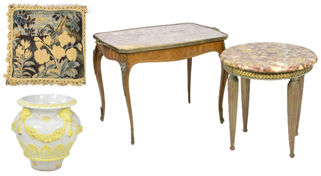 A VINTAGE CERAMIC PLANTER AND AN ANTIQUE TAPESTRY: A VINTAGE CERAMIC PLANTER AND AN ANTIQUE TAPESTRY PILLOW, INCLUDES DUO OF END TABLES WITH COMPOSITE AND MOTTLED MARBLE TOPS Early / Mid 20th Century Minor loss to glaze and wear to tapestry. In good c