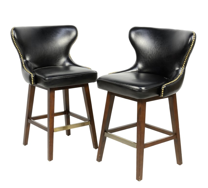 A PAIR OF BLACK WINGBACK TUFTED LEATHER BACK STOOLS: A PAIR OF BLACK WINGBACK TUFTED LEATHER BACK STOOLS WITH NAILHEAD TRIM 20th-21st Century Minor abrasions detected to wood finish. Overall in good condition. 39 x 22¼ x 24 inches
